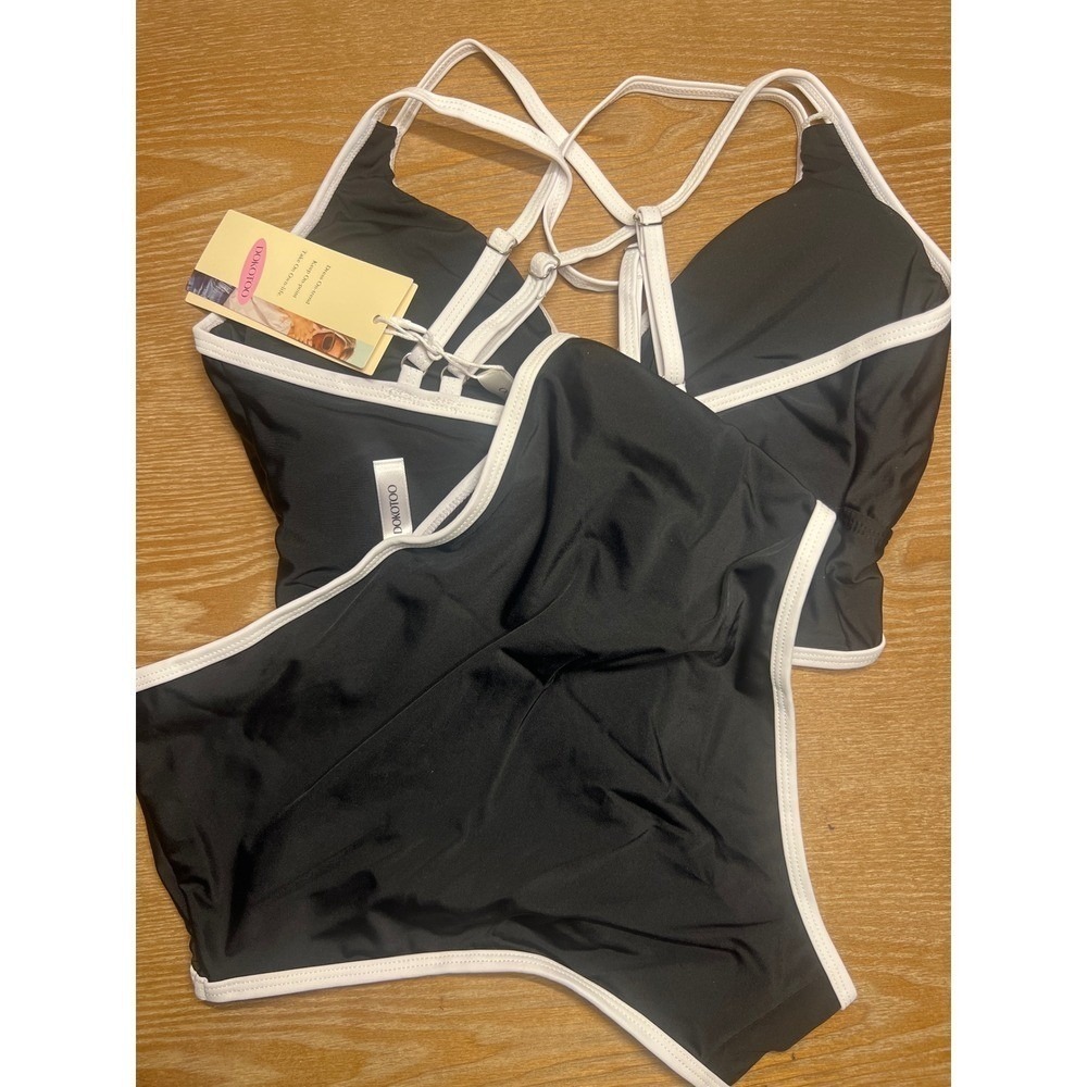 Dokotoo Womens Black White Contrast Trim High Waisted Bikini Set NWT - Picture 6 of 6